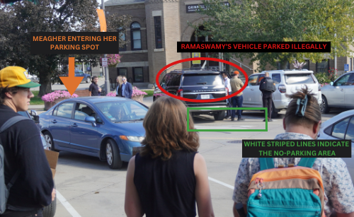 A photo illustration depicts where Ramaswamys and Meaghers vehicles were parked ahead of the accident. This image shows Meaghers vehicle pulling into the parking spot Broad Street at an earlier time. 