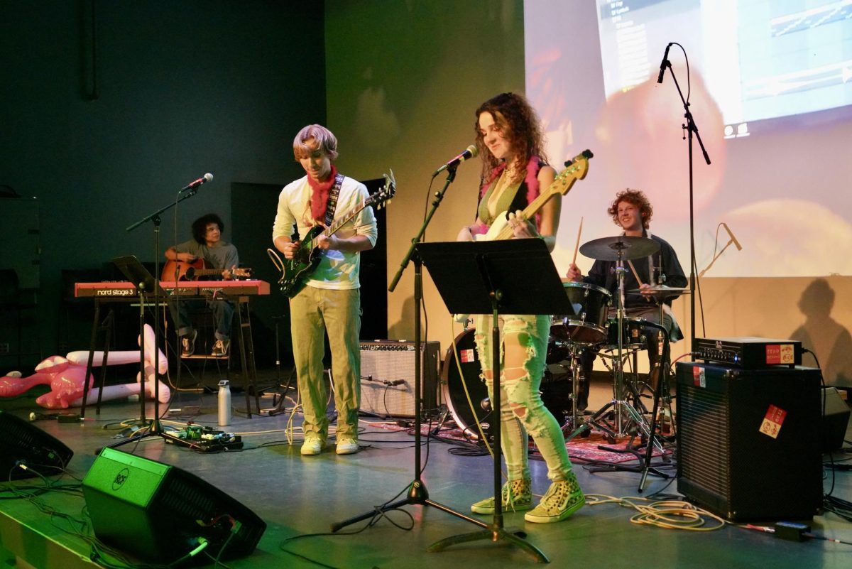 From left: Collin Thomas-Green `26, Oliver Wolfe `25, Elizabeth Clarkson `25, Evan Hein `26. Spin the Clouds playing at the Bird Harris party on Nov. 4.