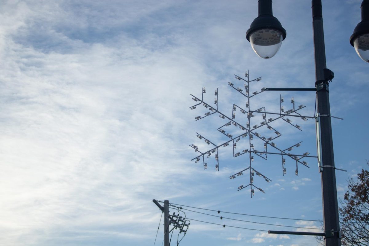 Snowflake decorations stick to street poles in downtown Grinnell.