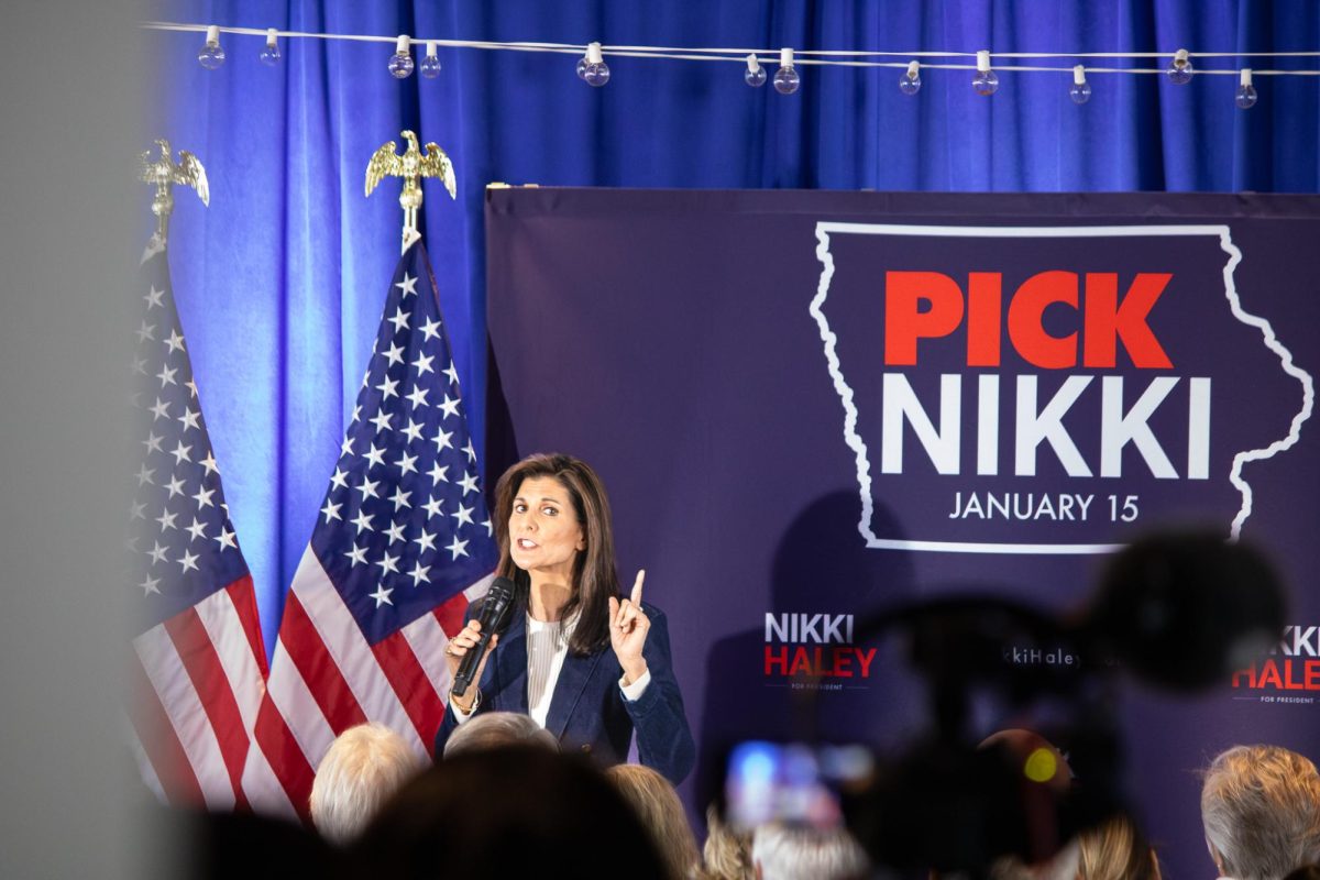 Nikki Haley speaks before a crowd of 200 in Ankeny on Thursday, Jan. 11, 2024. Haley, a former South Carolina Governor, is battling current Florida Governor Ron Desantis for second place in the Iowa Caucuses, which take place on Monday, Jan. 15.