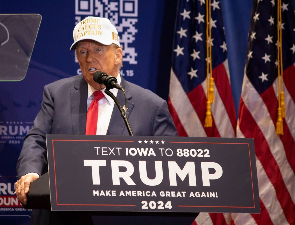 Former President Donald J. Trump speaks at a rally in Indianola, Iowa on Jan 14. After winning the Iowa caucuses, Trump hinted at the possibility of Ramaswamy joining his ticket as vice-president.