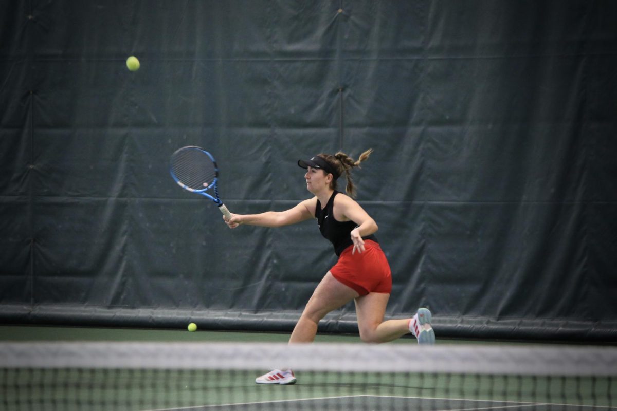 Ioanna Giannakou `24 goes for the ball during her match against Ottowa University of Kansas. She and Lily Perrin `25 won their doubles match 8-4.