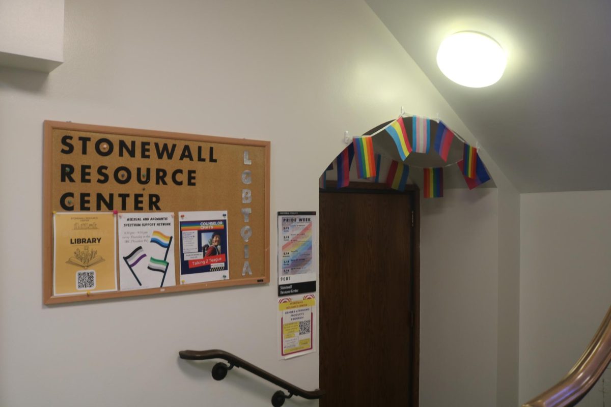 The entrance to the Stonewall Resource Center, an LGBTQ+ community space, in the basement of Younker Hall