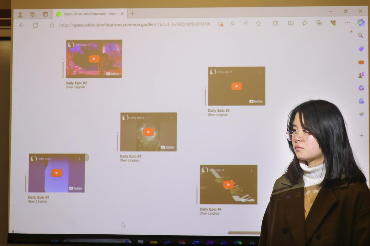 Amy Kan `27 presents a few of the pieces in her digital curation Speculative Sinofuturisms, a project she unveiled at Grinnell College after starting it in high school.