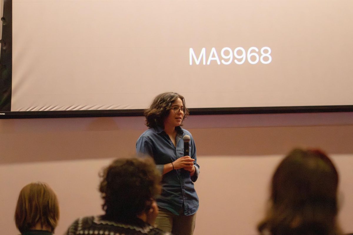 Michelle Trujillo answers questions from film students during the Q&A portion after screenings of her short films.