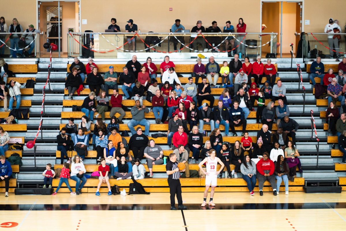 The stands were filled with fans. friends, and family during the Grinnell College Men's Basketball Team's Feb. 17 game against Monmouth College. The Pioneers won 111-86.