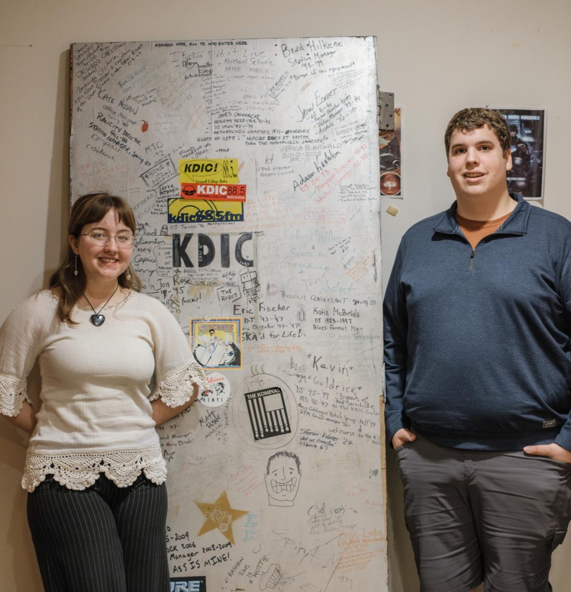From left: Georgia Carbone `24 and John Murphy `26 stand in the KDIC studio after working to bring back student music and talk shows. 