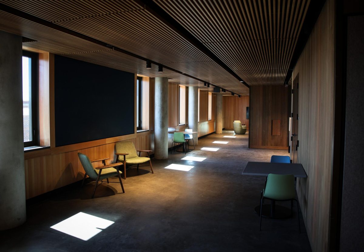 A communal study area on the second floor of the south tower in Renfrow Hall.