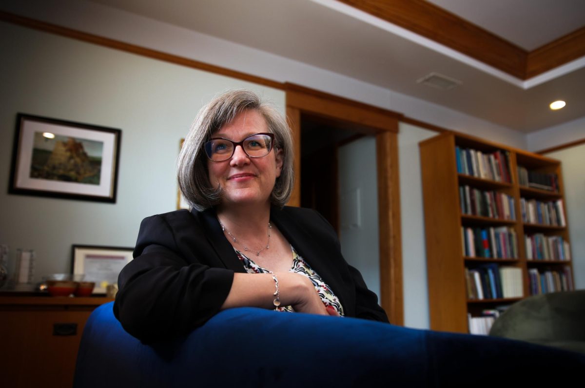 Grinnell College President Anne Harris poses for a portrait in her office in Nollen House on Monday, Sept. 9, 2024.