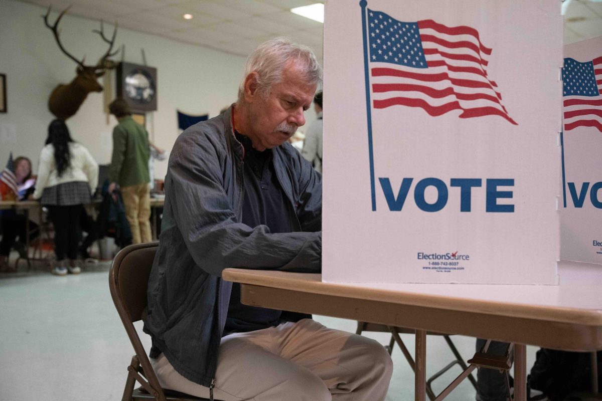 Richard Balleau, 76, fills out his ballot inside a polling booth at Elks Lodge in Grinnell, Iowa on Nov. 5, 2024.