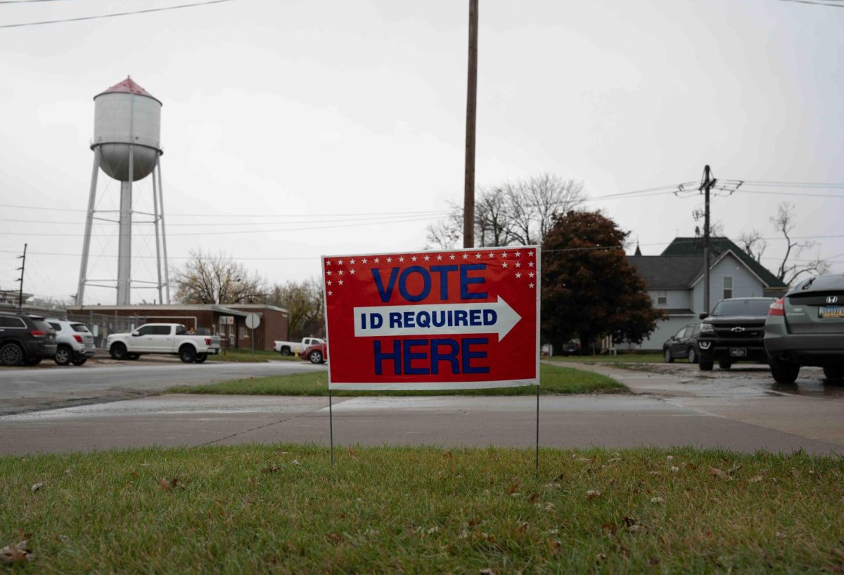 A voting sign sits outside Elks Lodge polling station in Grinnell, Iowa on Nov. 5, 2024.