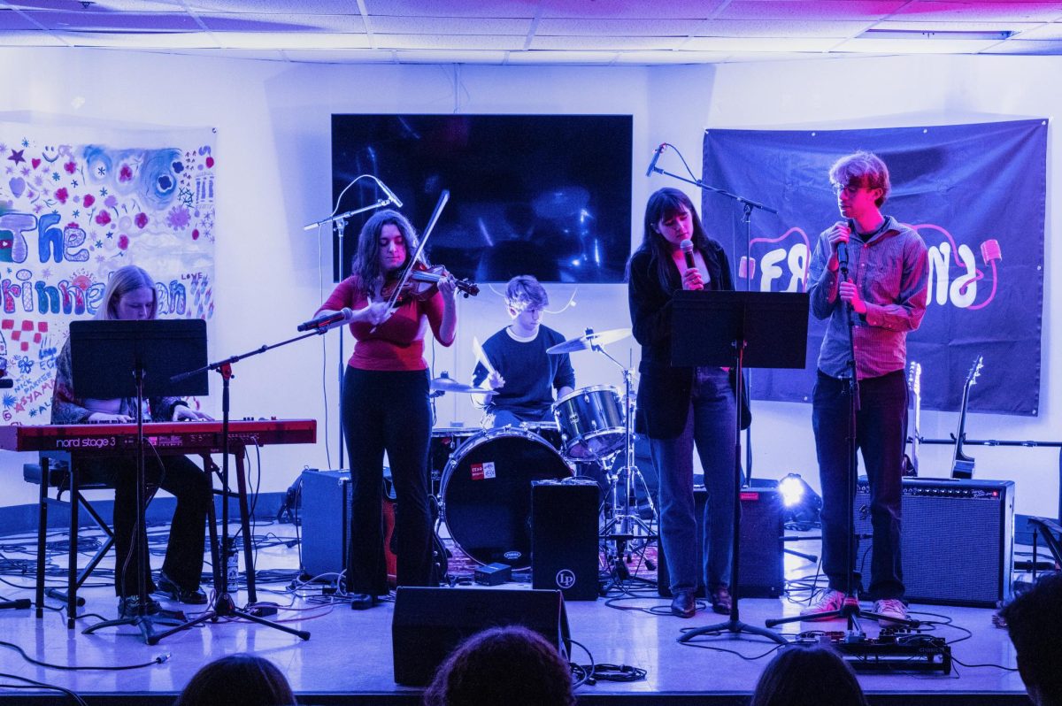 From left: Syd Weller '26, 
Kaycie Brookens '26, Keely Yeager '27, Regan Reedy '26, and Felix Benardo '25 preform at Showvember.