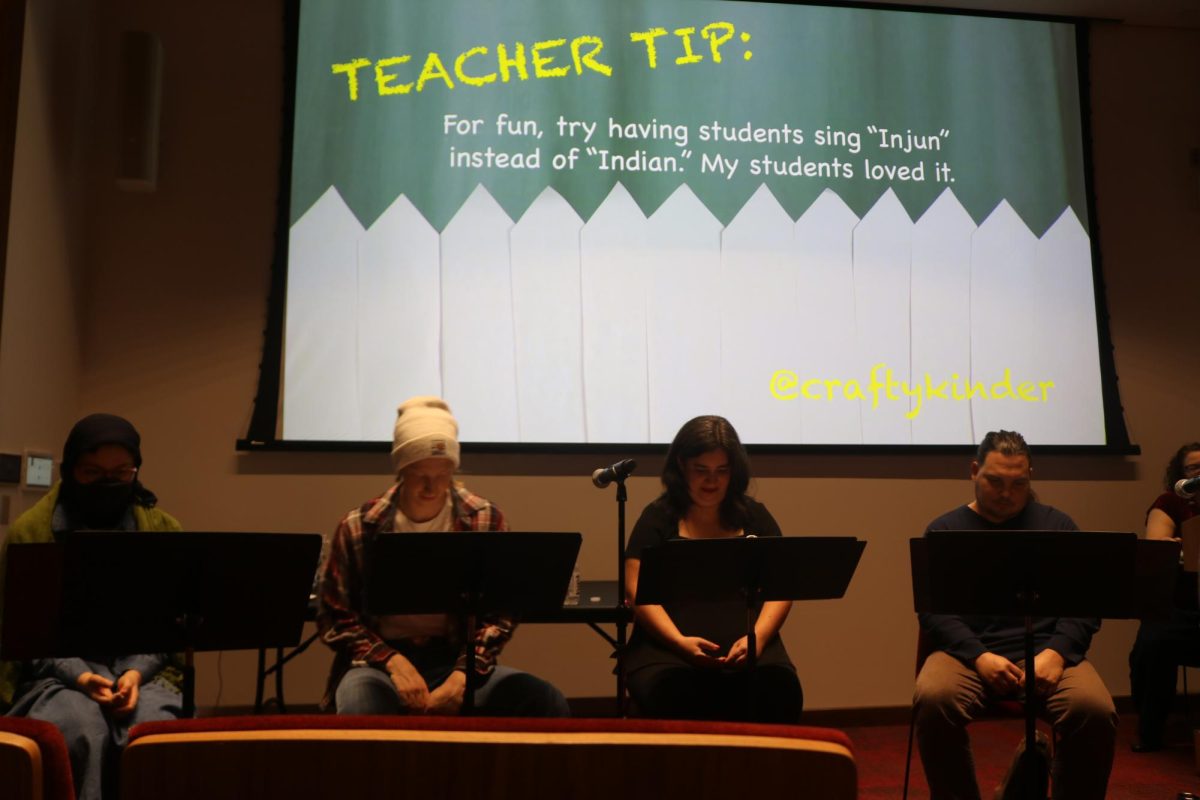 Hemlock Stanier '25 (left), Jackston Scheer '28, Kate Ferraro, and John Petrus during one of the Teaching tips videos which shows the insensitive ways Native American history is taught to children.