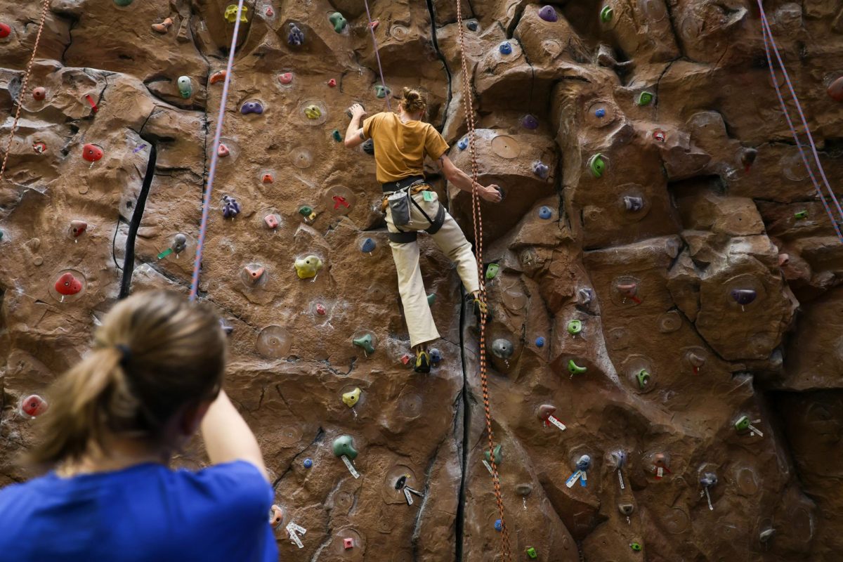 Jackie Harris `26 looks for their next hand hold on the climbing wall.