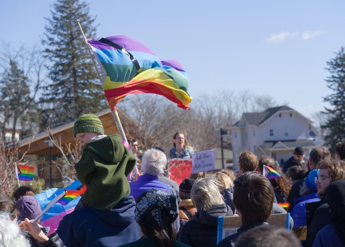 Crowd of people gather in Grinnell's Central Park protesting against House File 583 (HF583).