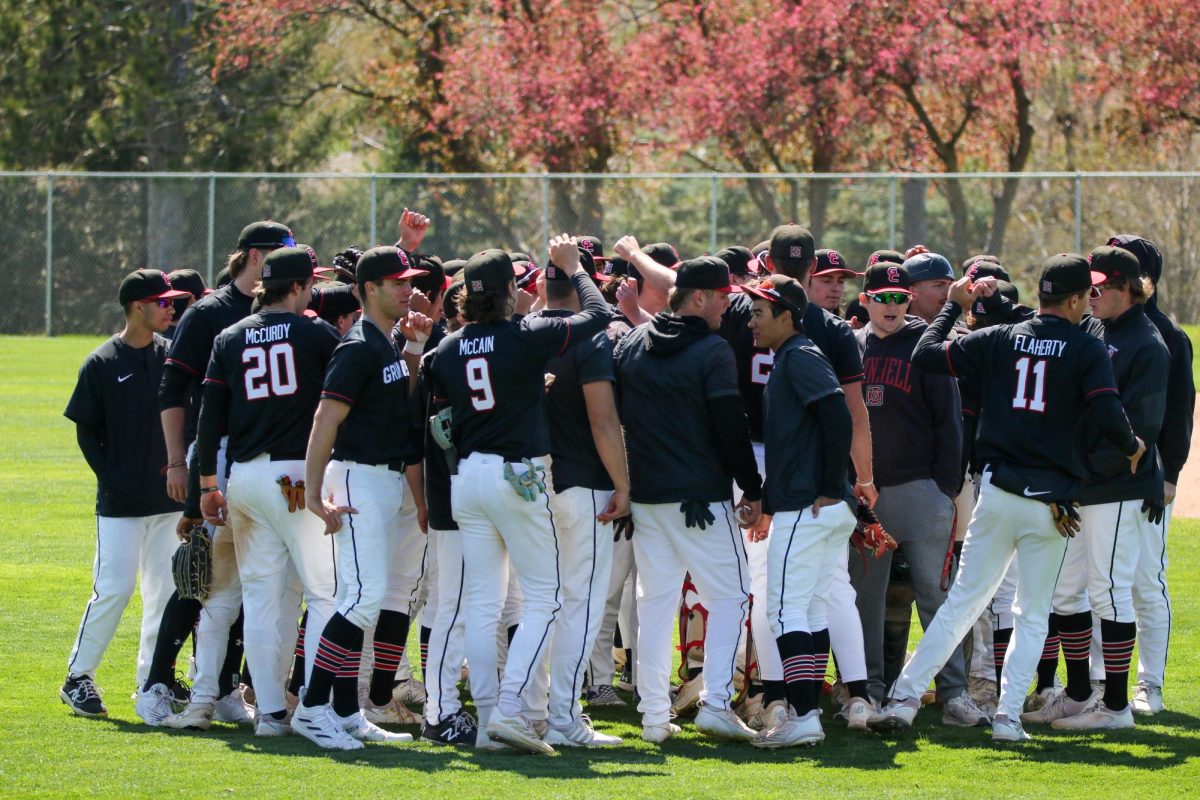 The Grinnell baseball team does a team cheer after beating Beloit 8-1 in conference on April 21, 2024.