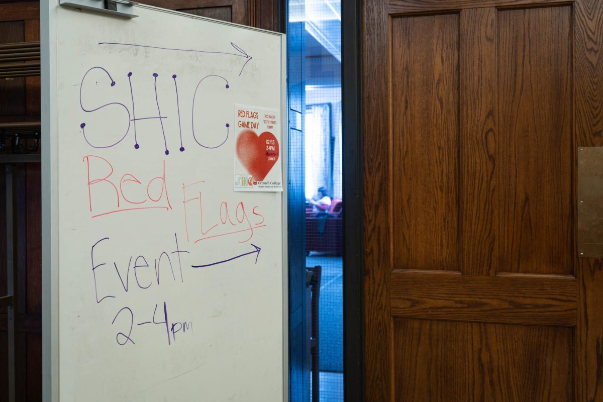 Sign advertises the SHIC Red Flag Game Day event in Main Hall lounge on Saturday, Feb. 15. 