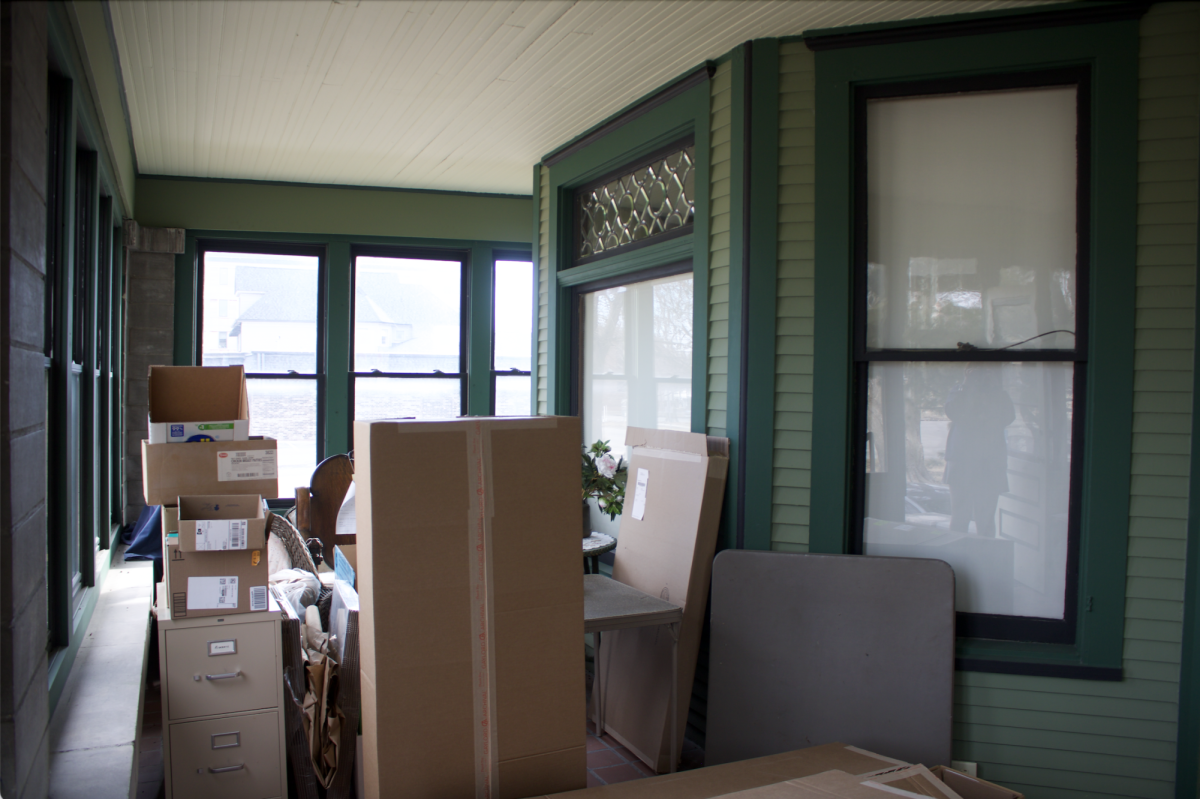 Boxes ready for transportation inside the patio of the McMurray House.