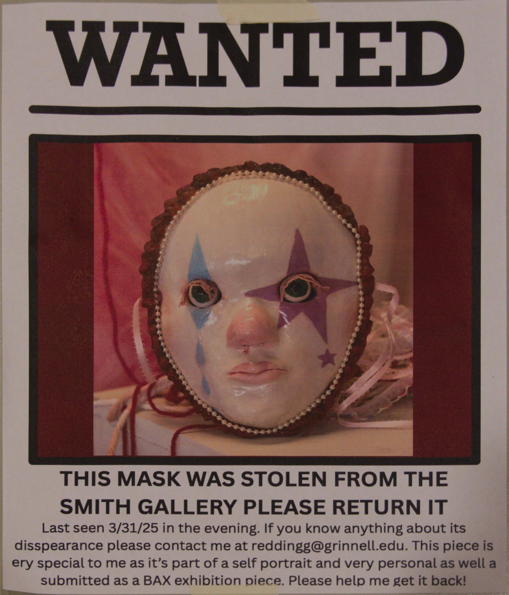 Gwyn Redding’s `25 solicits help from Grinnell community in finding stolen mask, photograph captured on April 3, 2025.