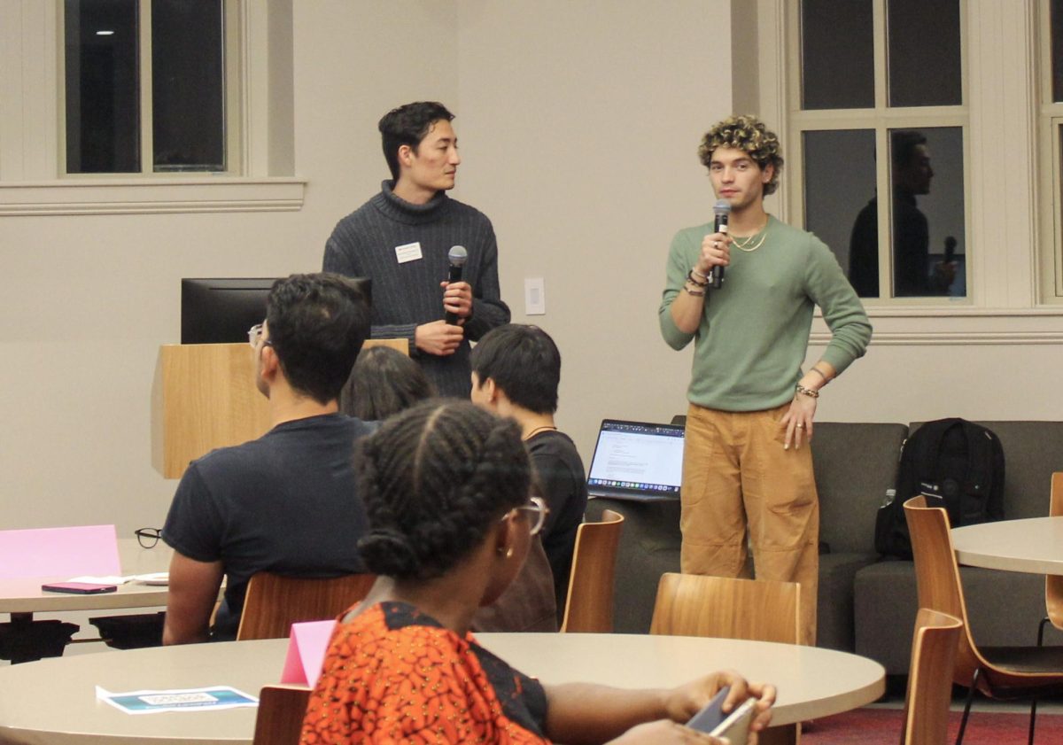 Left to right: Student Government Association President Keanu Yamanaka `26 and Vice President of Student Affairs Jasiah Rojas `26 talk at a Student Government Association town hall on Sept. 23.