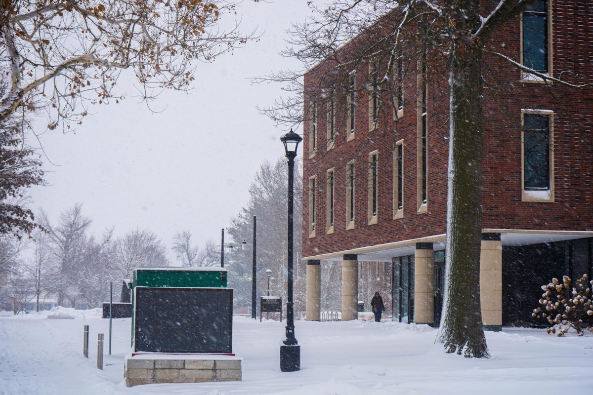Snow falls outside the Humanities and Social Studies Center (HSSC) on Nov. 29. Grinnell administration has not yet decided on whether to cancel classes on Monday, Dec. 1. 