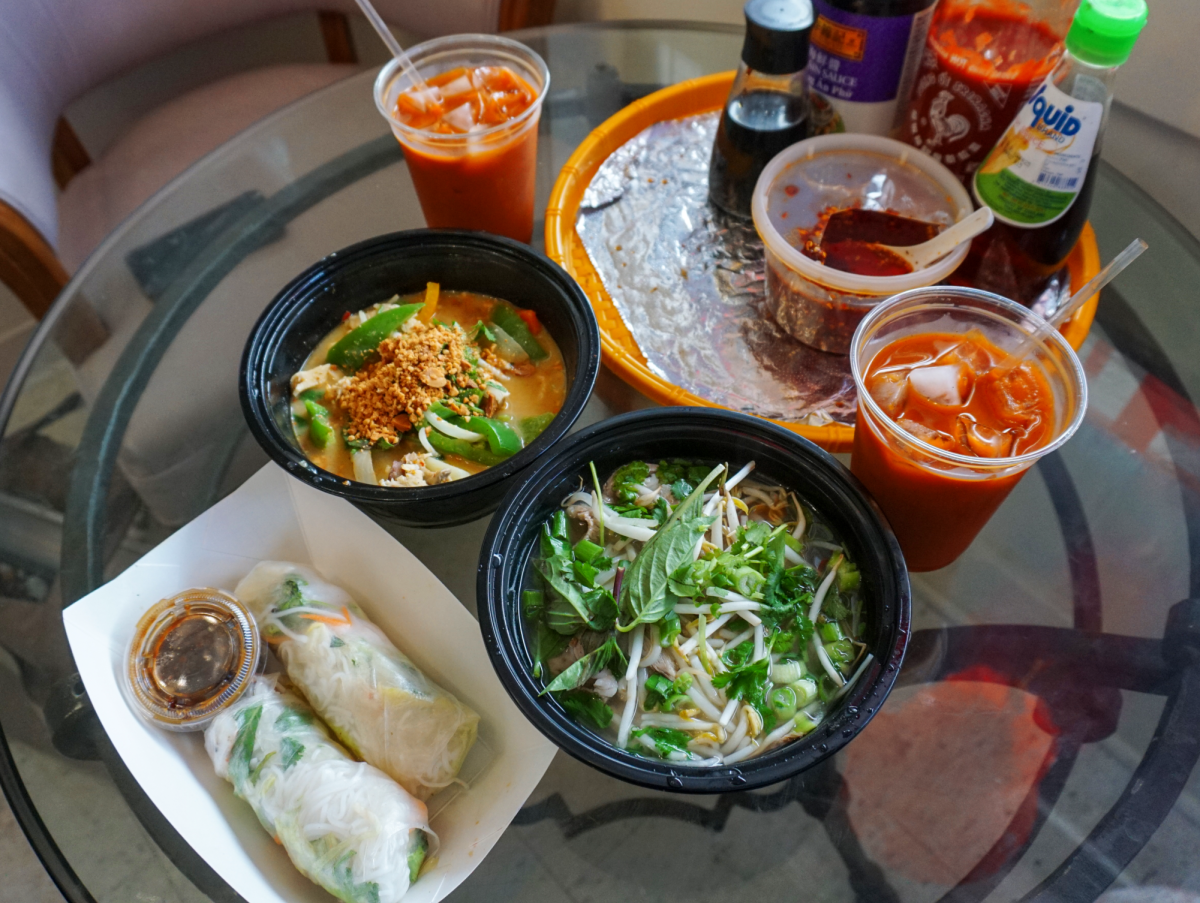 Thai iced tea, yellow curry, shrimp spring rolls and pork pho from Viet Thai.