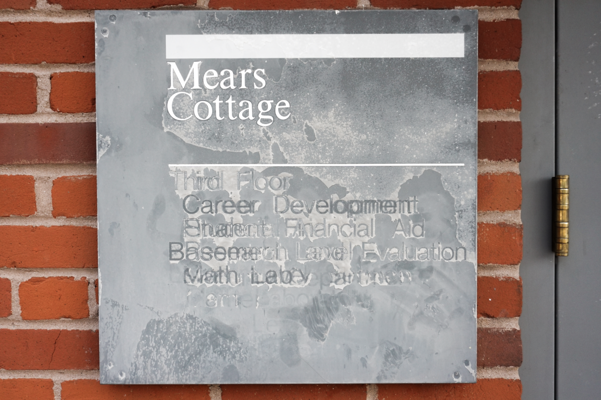 Mears Cottage sign depicting the different offices that has been housed in Mears Cottage over the years.