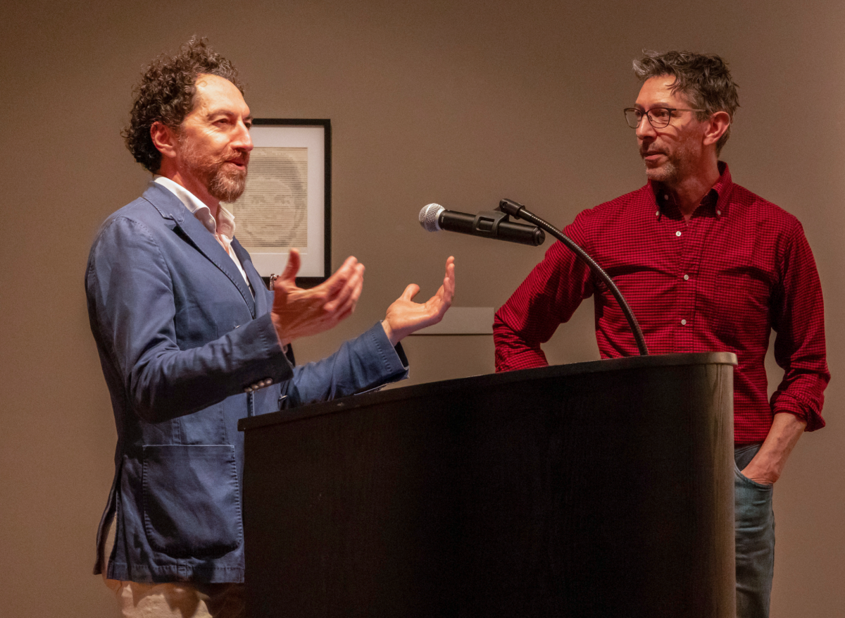 Andrew Kaufman, chair and professor of studio art, introduces annual BAX juror, Kevork Mourad, at the reception. 