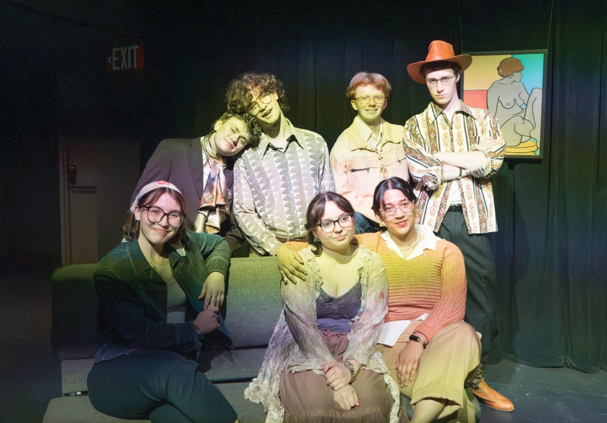 Open Stay's cast poses for a group photo. Top row, from left: Levi McMillan `27, Andrew Rhinehart `29, Shepard Swaner `29, Jack Broadmoore `27. Bottom row, from left: Faith Ferry `28, Phoenix Webb `29, Hridi Ghosh `28.