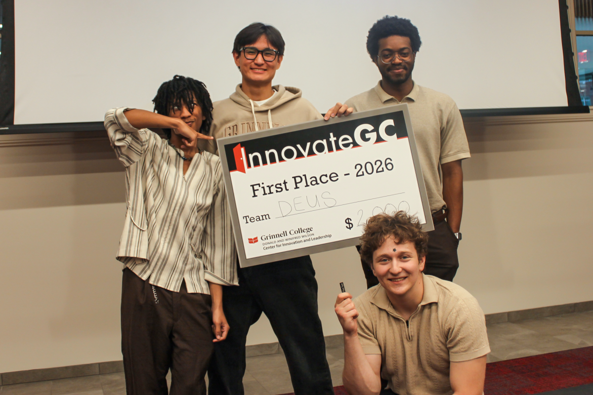 From left: DEUS members Etzel Miller `29, Timur Amirgaliyev `29, Jason Chigabatia `28 and Oleksandr Nerubay
`28 (bottom) won first place for the Innovate GC challenge on April 11, 2026.