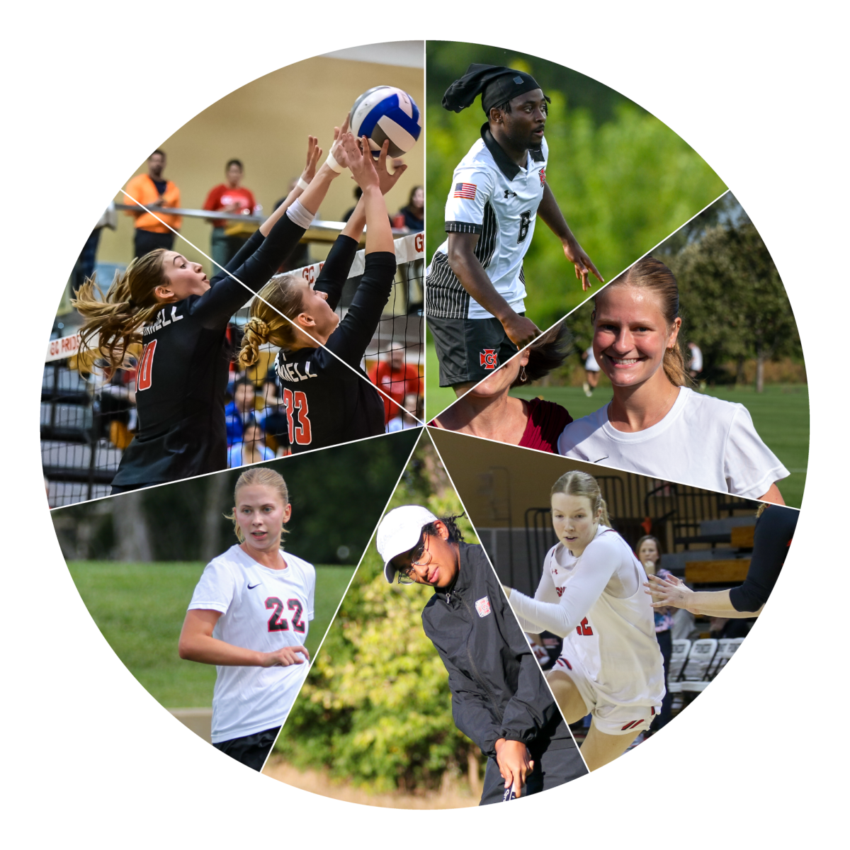Clockwise from top right: Moise Milenge `26, Beya VanRheenen `26, Skylar Thomas `26, Kavya Keshav `26, Ramona Delborne `26, Kylie Snell `26 and Nicole Mlynski `26 reflect on their time as athletes at Grinnell. (Photos by Meilynn Smith and Julia Marlin)
