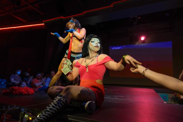 From left: F.I.L.F and d. dora perform to "Chismosa" by Cain Culto and Jarina De Marco at the Friday, April 10 drag show.