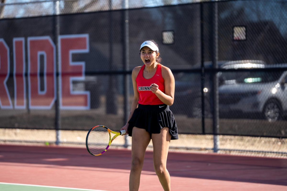 Pari Chavan `27 celebrates winning a point against University of Wisconsin-Stevens Point on Feb. 15, 2026.